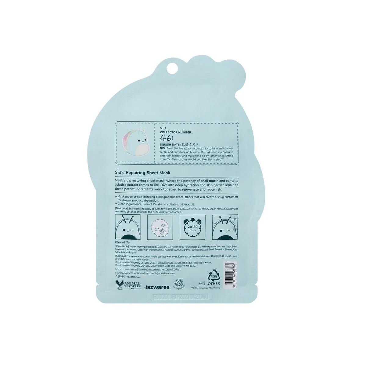 Squishmallow X TONYMOLY Sid's Repairing Snail Mucin + CICA Sheet Mask